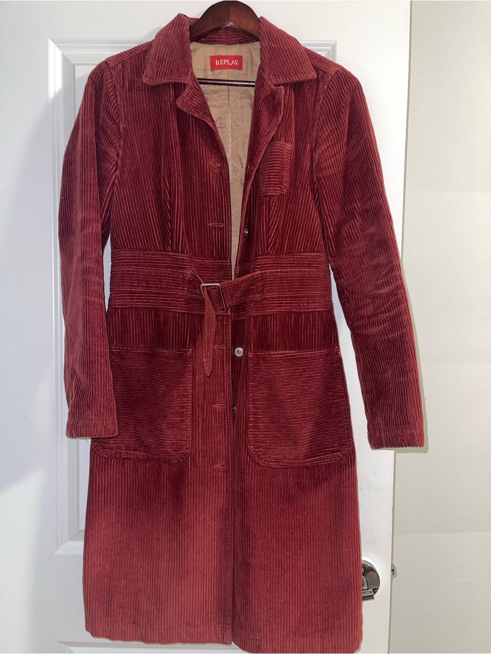 Vintage Deep Red Corduroy Belted Long Coat